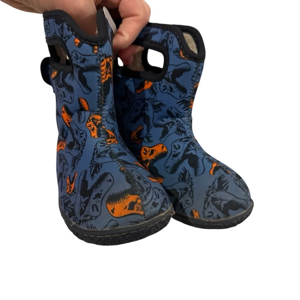 Bogs Kids' Blue and Orange Waterproof Insulated Dinosaur Snow Boots 8